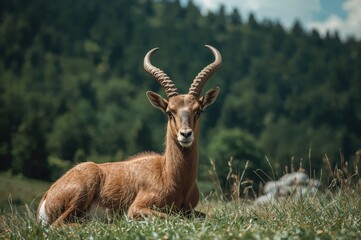 Side view of a resting Rupicapra in a natural setting.