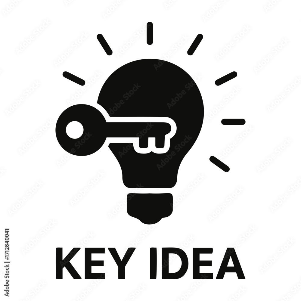 Poster illustration of a lightbulb with rays and a key, representing a key idea concept design
