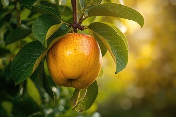 Vertical Picture of a Golden Apple on a Branch