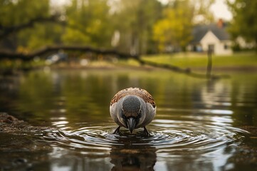Male house sparrow sipping water at a pond