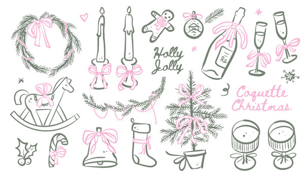 Hand drawn sketch Christmas elements set. Retro vintage new year party. Whimsical decor with pink bows in crayon style for menus and invitations. Contour coquette vector illustration.