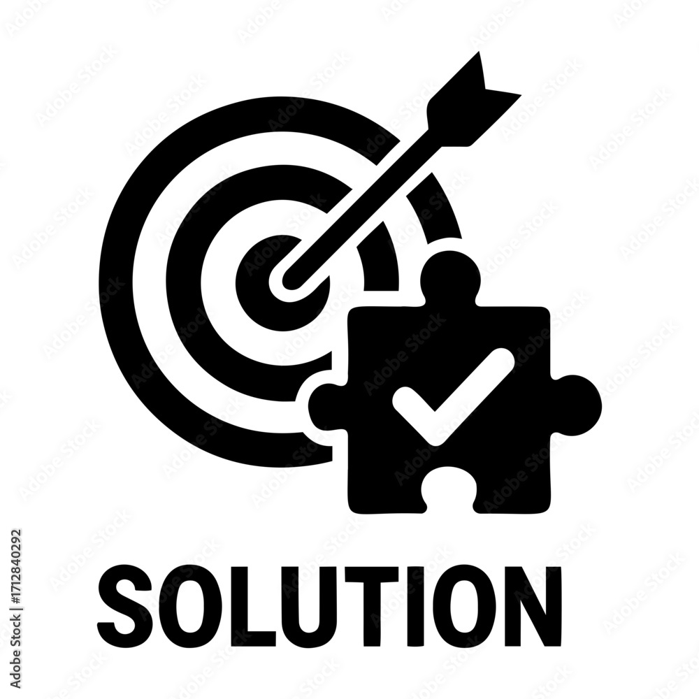 Poster illustration of a target with an arrow and a puzzle piece with a check mark design