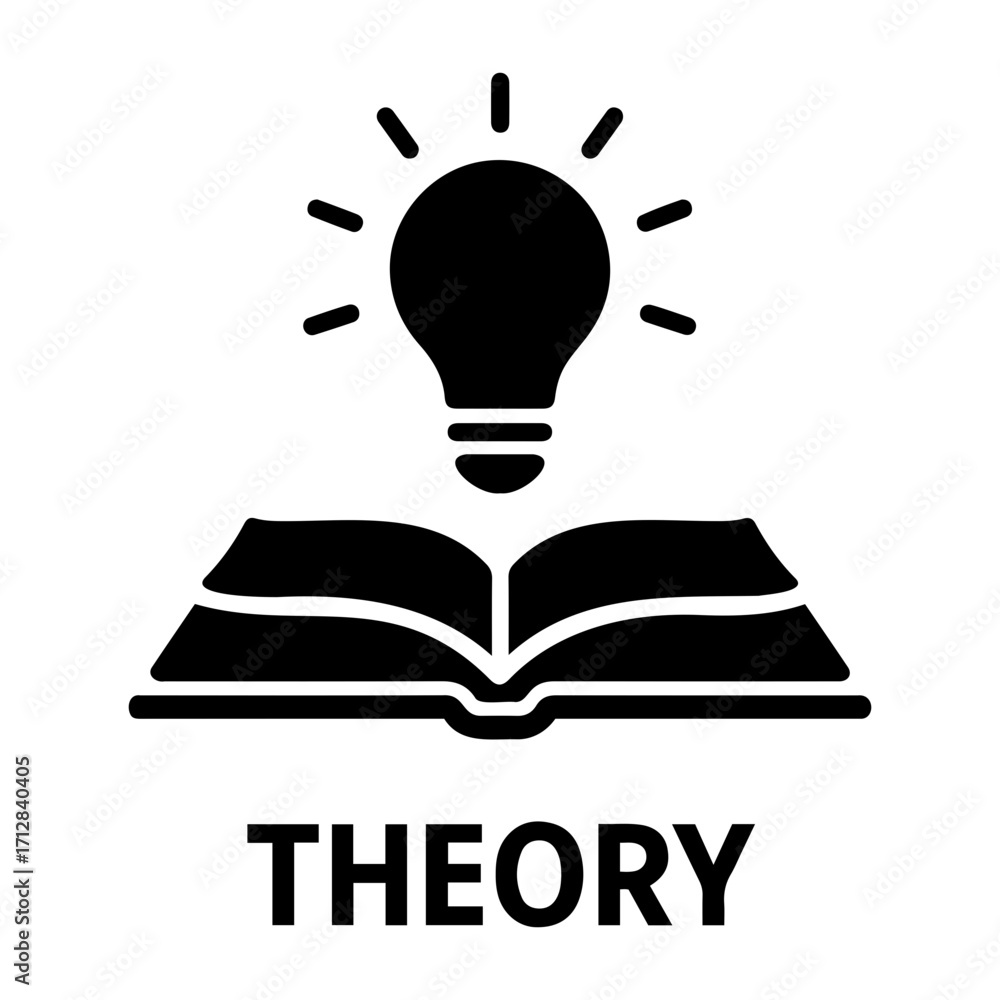 Poster illustration of an open book with a lightbulb above it representing theory concept