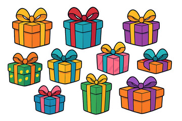 Set of colorful gift boxes. Cartoon vector illustration of wrapped presents with bows for birthday, Christmas, or holiday celebration. Isolated festive surprise icons.