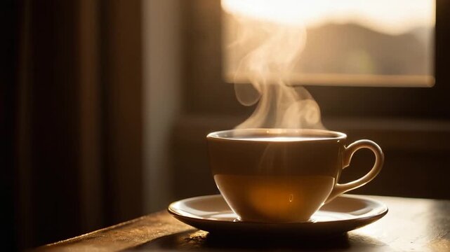 A steaming hot cup of tea with misty vapor rising from the surface