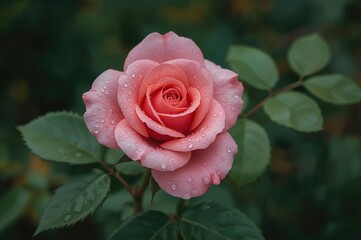 Rose in pink adorned with water droplets