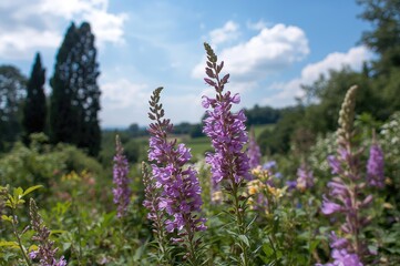 Fototapeta premium Vibrant Violet Salvia Blossoming Amidst Lush Greenery in a Summer Garden
