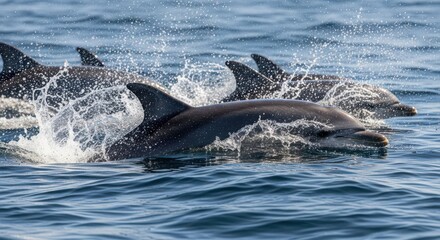 Obraz premium Ocean Dolphins Swimming and Leaping Through Blue Water