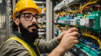 Focused Bearded Electrician Gazing at Camera While Working on Intricate Control Panel.
