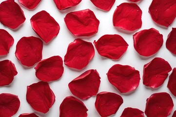 Isolated red rose petals on a plain white surface, floral pattern for wedding design, symbolizing love and nature