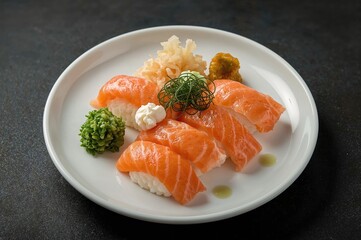 Assorted seafood sushi platter with salmon, cream cheese, and pickled ginger on a white circular dish against a dark backdrop.
