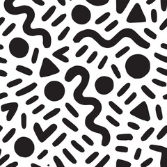 Abstract black and white memphis style pattern with wavy lines circles triangles and dashes for retro design