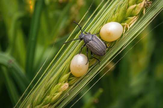 Wheat leaves infested with pest eggs from the beetle species eurygaster integriceps