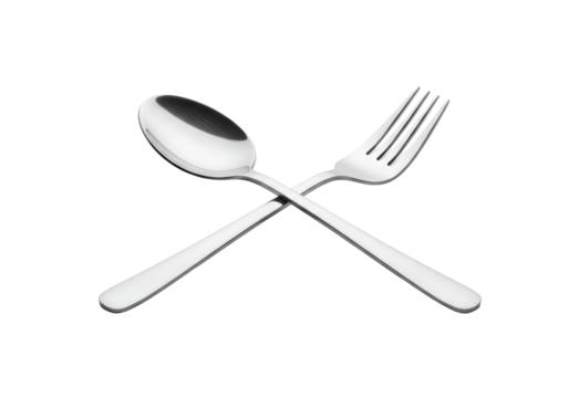Isolated shiny criss-crossed flatware, a fork and a spoon forming an X, food and drink utensils