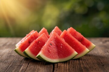 Slices of ripe red watermelon arranged on a rustic wooden surface