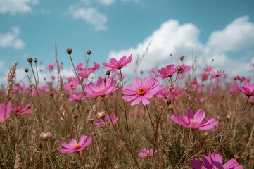 Fototapeta premium Vibrant pink cosmos flowers in a natural garden setting with lush green leaves