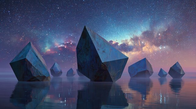 geometric polyhedron rocks floating on calm water surface under starry night sky with colorful cosmic galaxy nebula surreal futuristic landscape fantasy environment concept with mysterious abstract f - Powered by Adobe