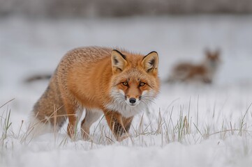 Red fox strolling near snowy ground