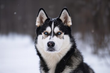 Close-up of a husky surrounded by snow