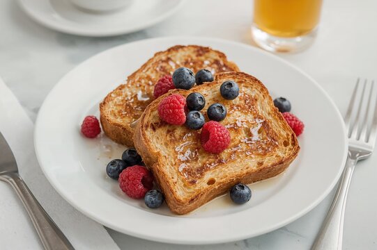 Dish of golden French toast topped with assorted fresh berries