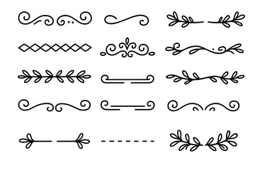 Hand drawn dividers set for design projects. Decorative borders and calligraphic flourish ornaments. Line art elements for invitation or wedding. Vector page decoration and text separator.