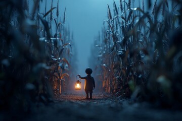 A child walks with a lantern in hand through a dimly lit cornfield. Shadows loom around as the tall plants create an eerie atmosphere during nightfall