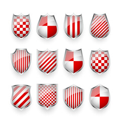 Glossy shields with red and black white. Security and protection concept. Cyber safety icons, internet privacy, web defense, digital data protection and antivirus themes. Vector illustration