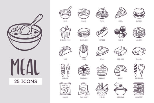 Everyday Meal Icon Set. Type of food: dessert, snacks, food menu. 25 cute hand-drawn line art style. Vector illustration.