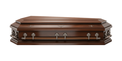 Elegant mahogany coffin with ornate silver handles, symbol of solemn final rest and dignified farewell.