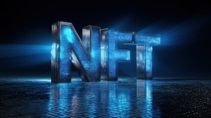 illuminated nft letters in a futuristic digital environment with blue lighting and reflective surface