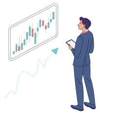 Businessman analyzing upward trending stock market candlestick chart on tablet and screen