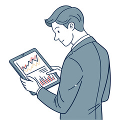 Business professional analyzing financial charts and data on a tablet computer screen with a focused expression