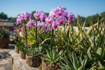 Purple and pink orchids in bloom next to aloe succulents in a bright outdoor planter.
