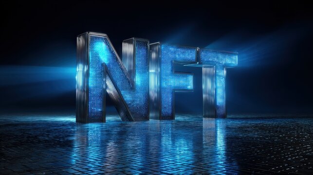 illuminated nft letters in a futuristic digital environment with blue lighting and reflective surface