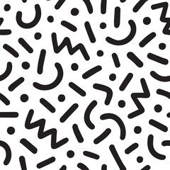 Retro 1980s memphis design pattern with black squiggles dots and lines on white background