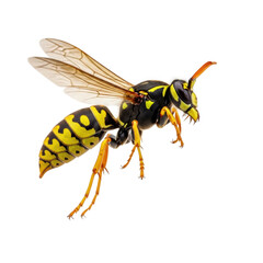 European paper wasp, black and yellow, translucent wings, hovering mid-air with blurred wings, on pristine brilliant white studio background with copy space, scientific illustration concept.