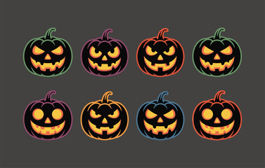 Set of eight Halloween jack-o’-lantern pumpkins with glowing carved faces, colorful spooky designs, scary and funny pumpkin expressions for festive decoration