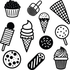 Collection of delicious desserts and sweet treats including ice cream cones cupcakes popsicles and cookies for a whimsical design