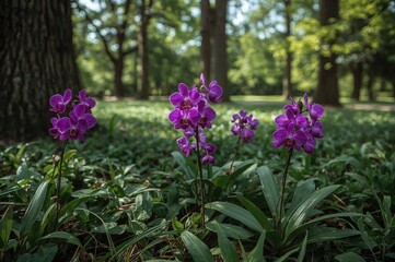 Fototapeta premium Violet orchids blooming in a garden setting