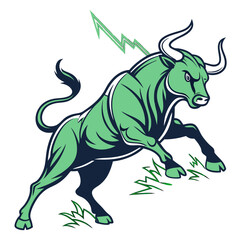 Powerful green bull charging forward with lightning bolts and grass accents on a white background