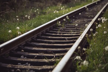 Train tracks with wooden sleepers surrounded by lush grass and blooming dandelions