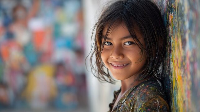 a young girl smiles as she stands near a wall ready to paint it with vibrant colors in a community project - Powered by Adobe