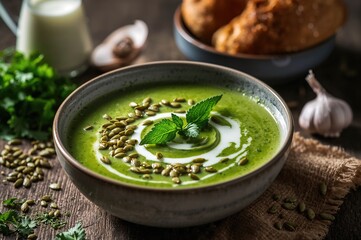 Soup crafted from fresh nettle shoots with pumpkin seeds, broth, garlic, onions, and oil, inspired by traditional recipes.