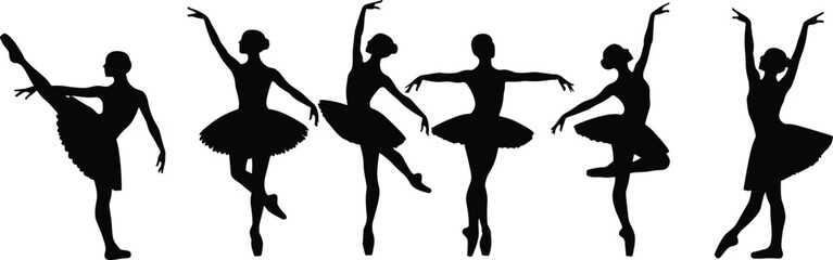 Ballet dancer silhouettes, classical dance poses, elegant ballerina vector, tutu and pointe shoes, graceful movement, performing arts illustration, black silhouette art