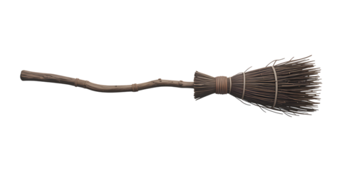 Rustic handmade broom with natural wood handle and straw bristles, perfect for fantasy or historical themes.