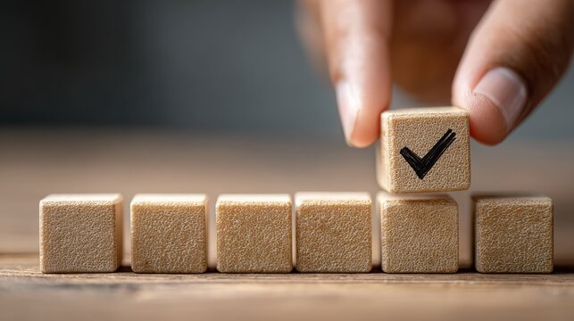 hand places a wooden block with a checkmark completing a row of similar blocks it symbolizes task completion goal achievement or project success sense of accomplishment and progress