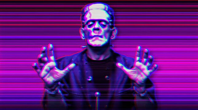 Blacklight Frankenstein monster animation, neon Psychedelic colors, vaporwave, synthwave lofi aesthetic; halloween projector, party, close up, concert background or projector ; horror haunted house