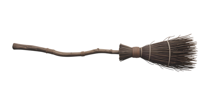 Rustic handmade broom with natural wood handle and straw bristles, perfect for fantasy or historical themes.