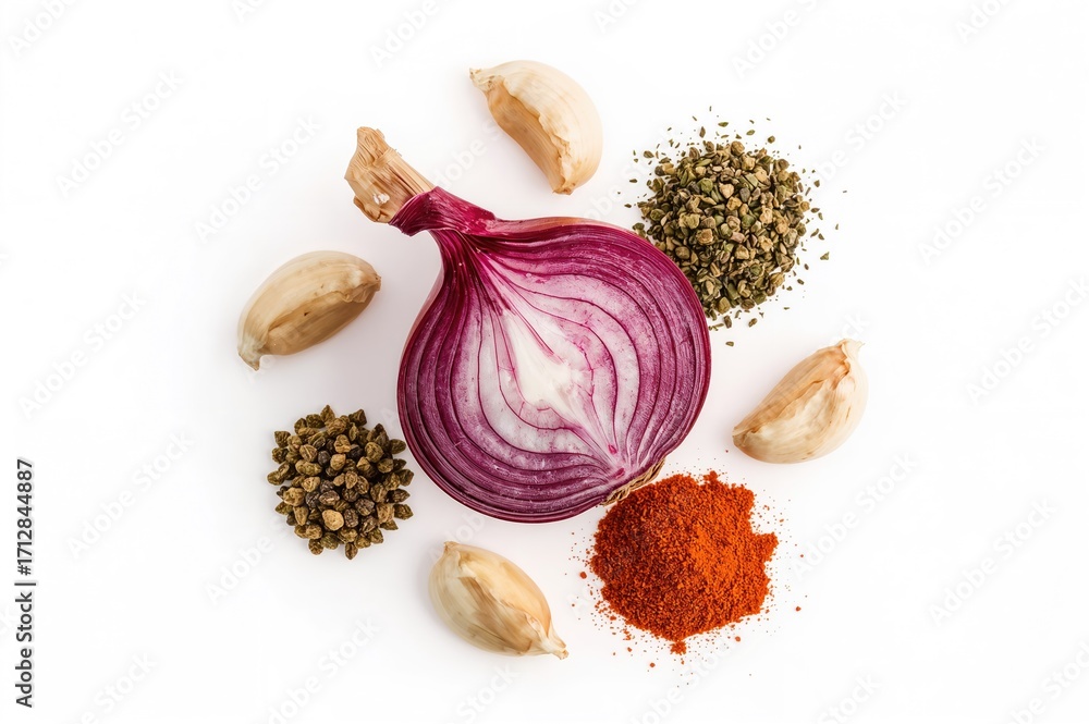 Aufkleber top-down view of red onion with various spices on a white surface