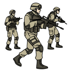 Three armed soldiers in tactical gear advancing forward in a coordinated formation ready for action